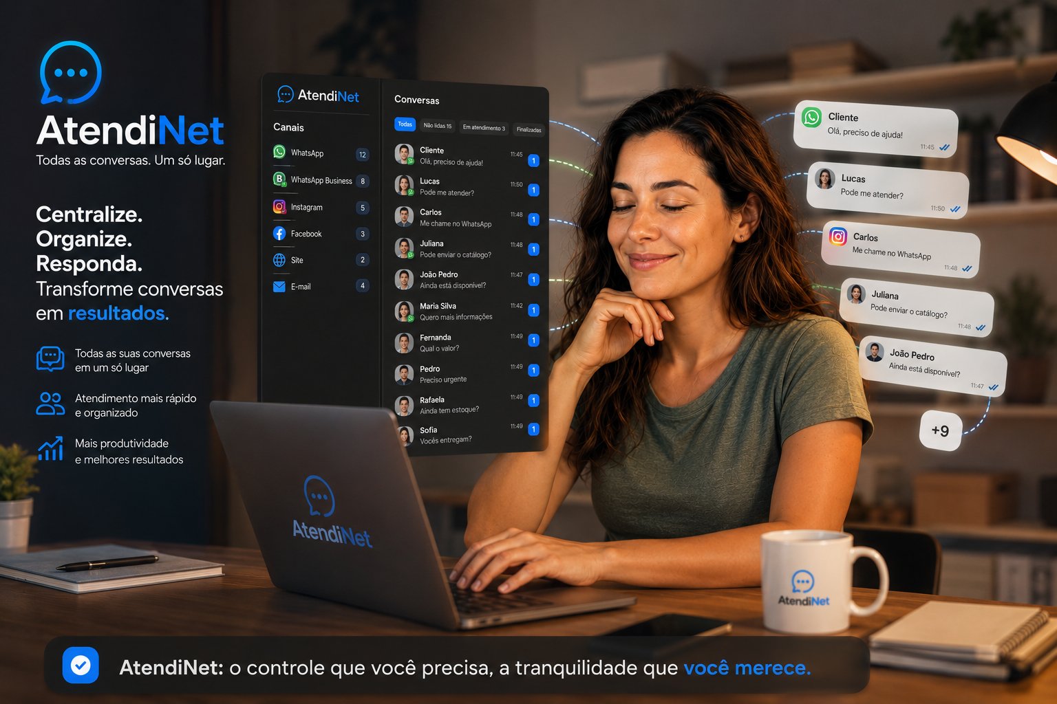 AtendiNet em ação: painel multicanal centralizando conversas de WhatsApp, Instagram, Facebook, Site e E-mail em uma única tela